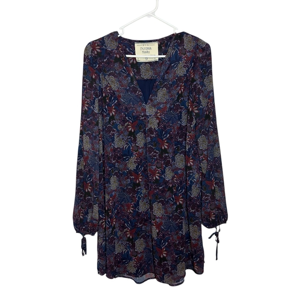 California Moonrise tunic dress floral blue maroon lined size medium
